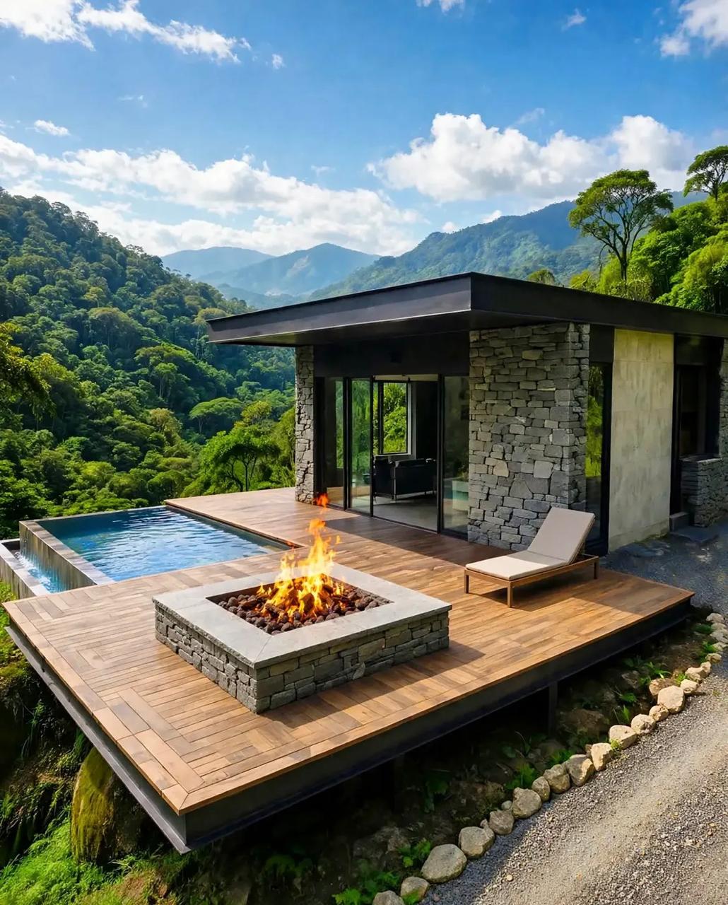 Casa modular com piscina e deck na montanha